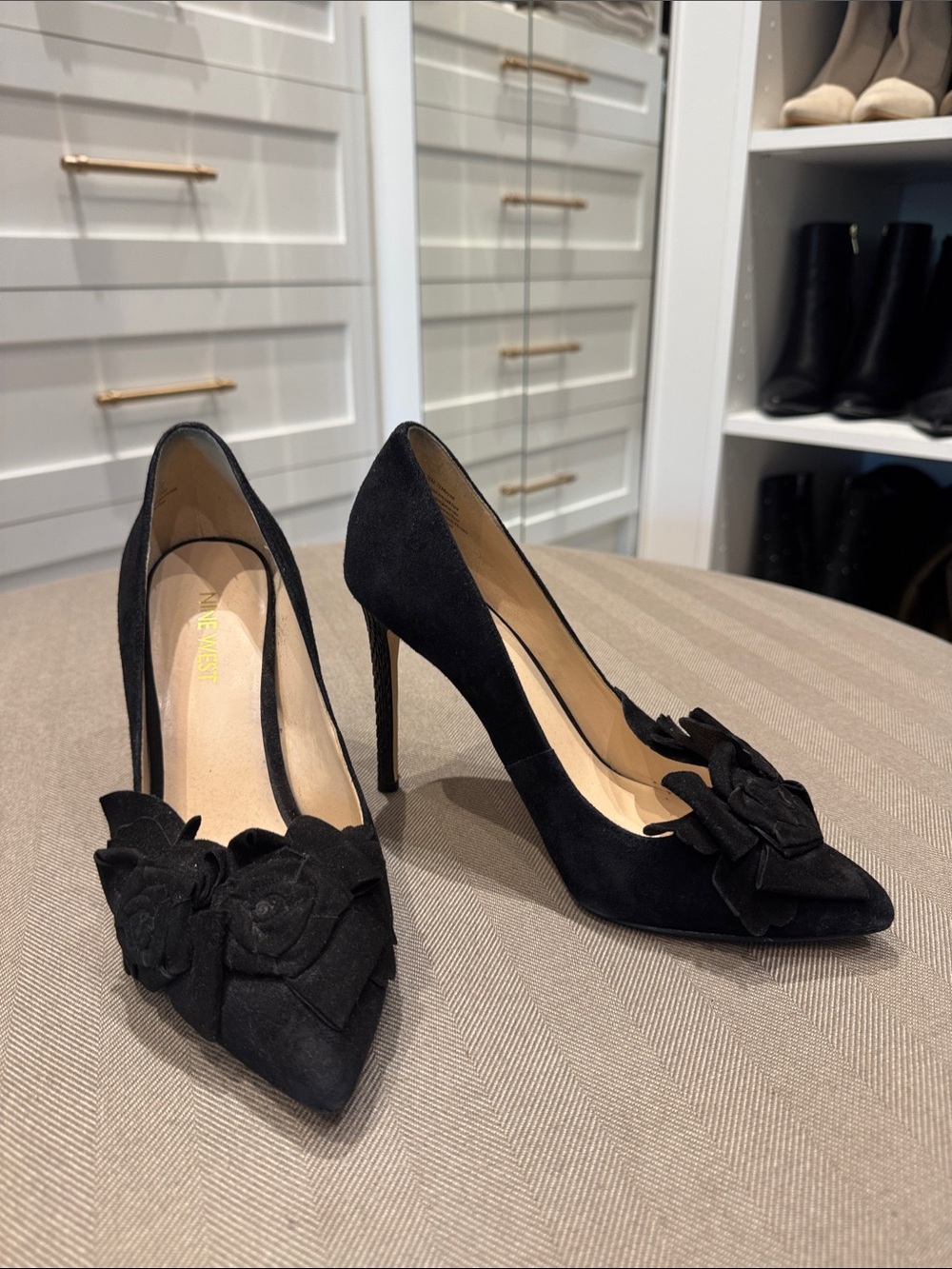 Nine West Black Suede Pointed-Toe Stiletto Heels with Floral Rosette